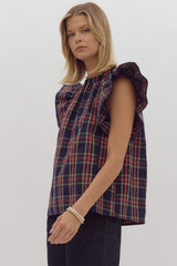 Festive Night Flutter Sleeve Plaid Top Navy