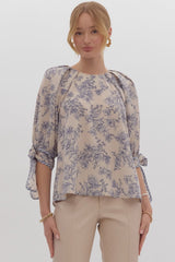 Timeless Toile Tie Sleeve Top Ecru