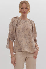 Timeless Toile Tie Sleeve Top Mocha