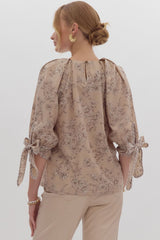 Timeless Toile Tie Sleeve Top Mocha