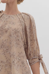 Timeless Toile Tie Sleeve Top Mocha