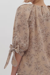 Timeless Toile Tie Sleeve Top Mocha