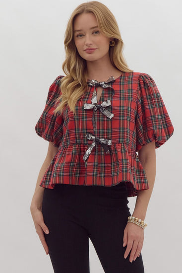 Sequin Bow Holiday Plaid Top