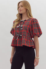 Sequin Bow Holiday Plaid Top