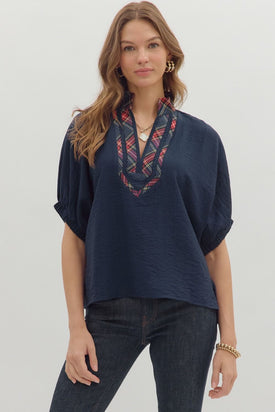 Holiday Tartan Trim Top Navy Blue