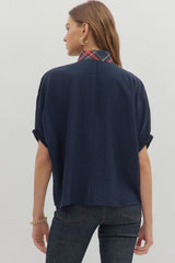 Holiday Tartan Trim Top Navy Blue