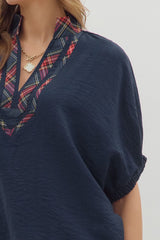 Holiday Tartan Trim Top Navy Blue