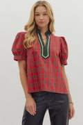 Holiday Plaid Top with Contrast Trim Red