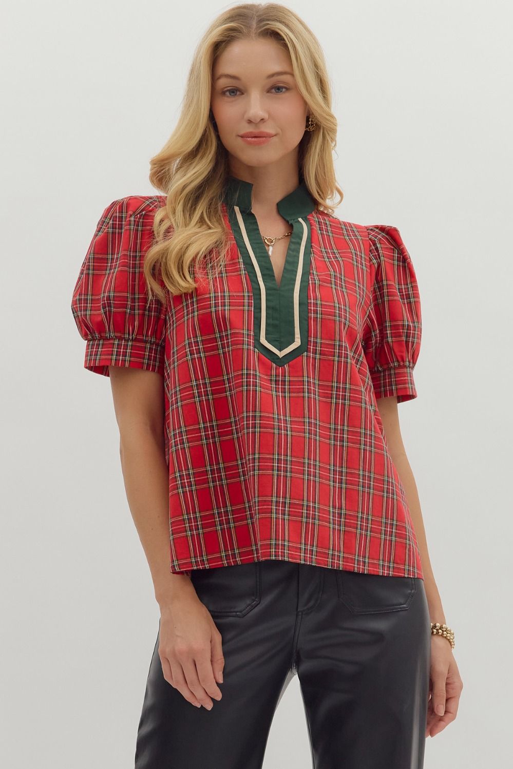 Holiday Plaid Top with Contrast Trim Red