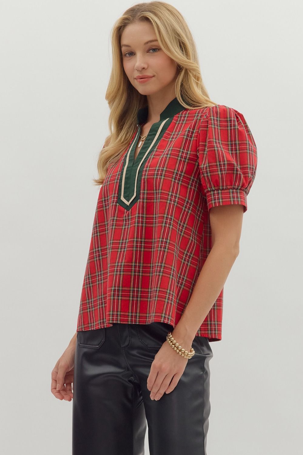 Holiday Plaid Top with Contrast Trim Red