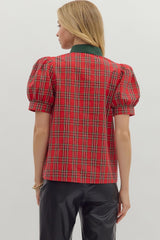 Holiday Plaid Top with Contrast Trim Red