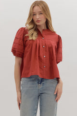 Solid Pintuck Puff Sleeve Orange Brick