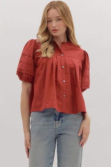 Solid Pintuck Puff Sleeve Orange Brick