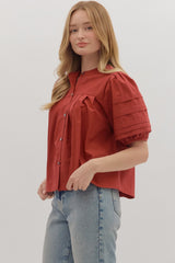 Solid Pintuck Puff Sleeve Orange Brick