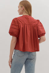 Solid Pintuck Puff Sleeve Orange Brick