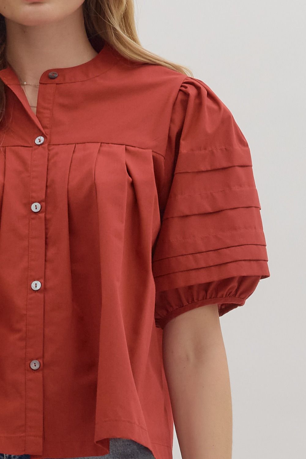 Solid Pintuck Puff Sleeve Orange Brick