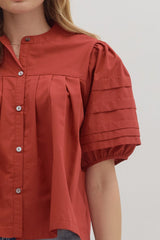 Solid Pintuck Puff Sleeve Orange Brick
