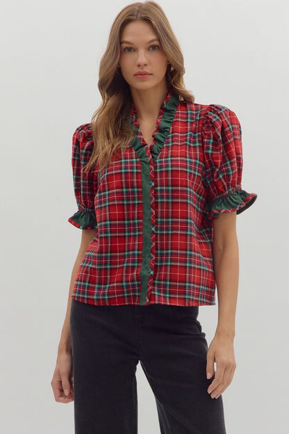 Holiday Heart Plaid Top with Ruffle Red