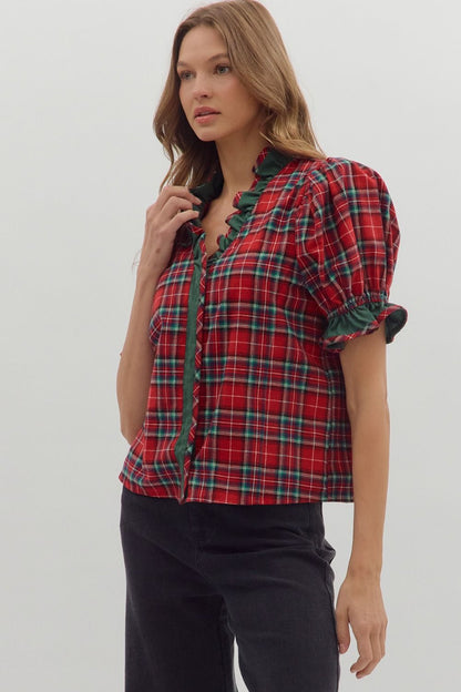 Holiday Heart Plaid Top with Ruffle Red