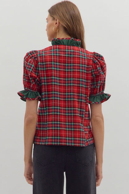 Holiday Heart Plaid Top with Ruffle Red