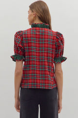 Holiday Heart Plaid Top with Ruffle Red