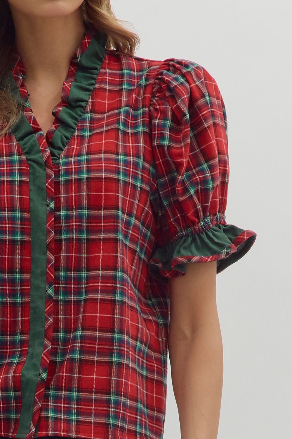 Holiday Heart Plaid Top with Ruffle Red