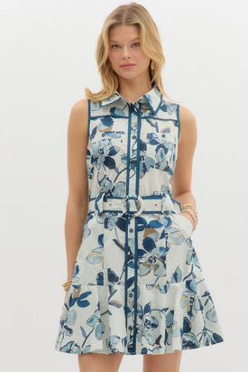 Floral Bleted Dress Blue