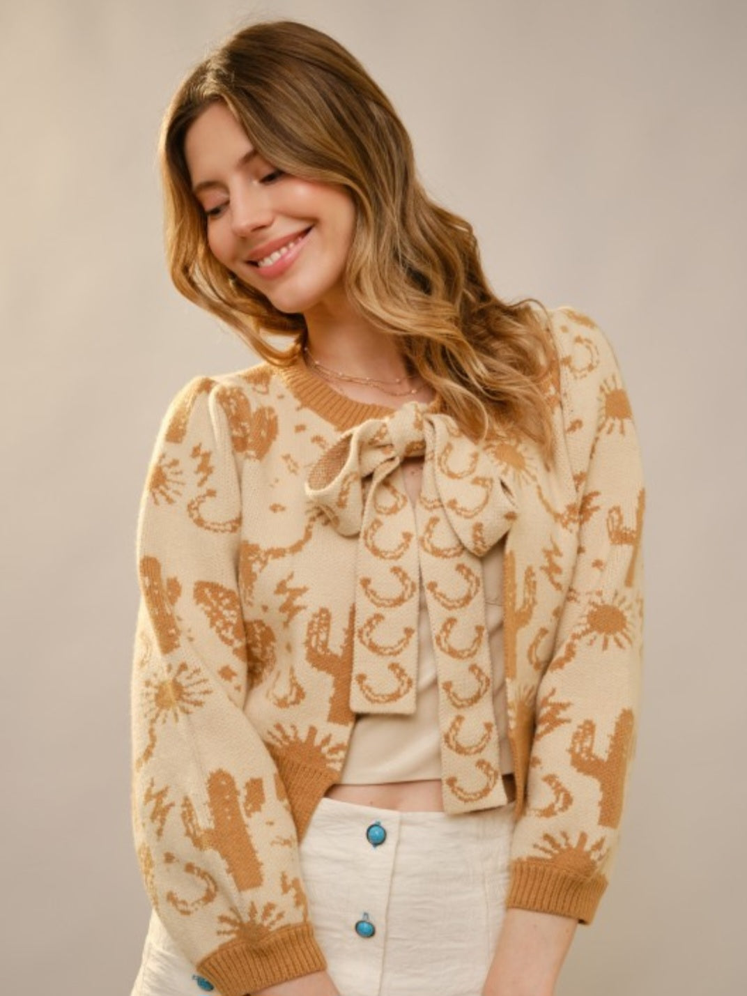 Western Motif Tie Front Cardigan