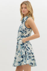 Floral Bleted Dress Blue