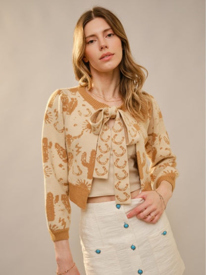 Western Motif Tie Front Cardigan
