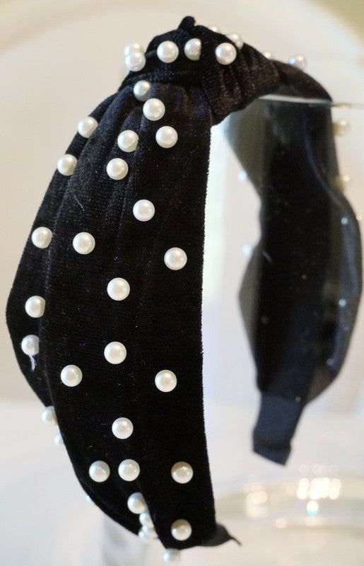 Velvet Pearl Topknot Headband Black