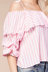 Pink Stripe Cold Shoulder Top