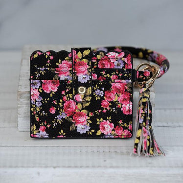 Bangle Key chain with Scalloped Edge Card Holder Black Floral