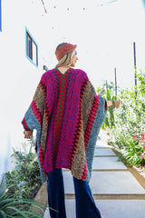 Colorful Crochet Patterned Ruana Poncho Fushia