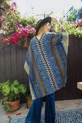 Colorful Crochet Patterned Ruana Poncho Blue
