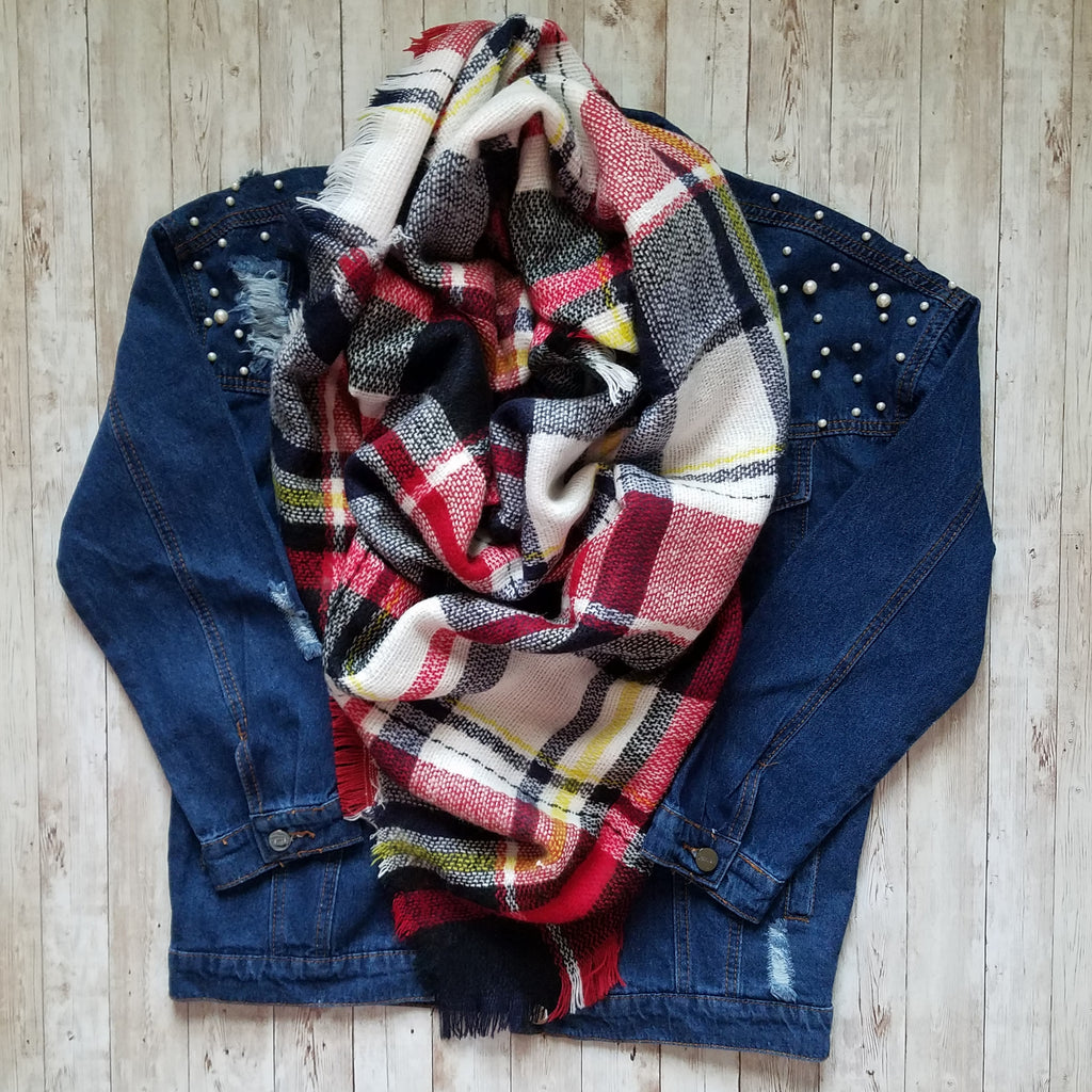 Fireside Plaid Blanket Scarf Blue and Red