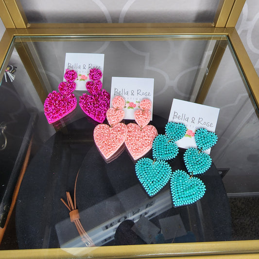Triple Heart Seed Bead Earrings