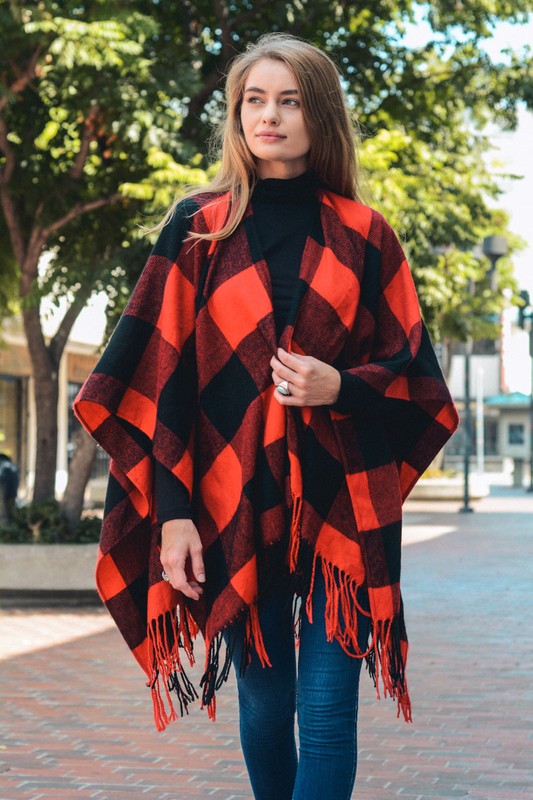 Buffalo Check Tassel Poncho Red and Black