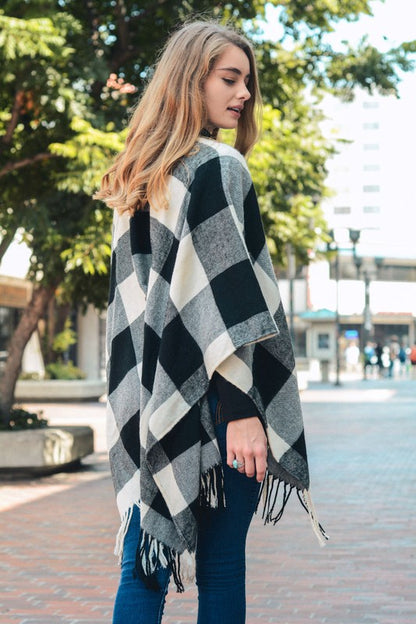 Buffalo Check Tassel Poncho Black and White
