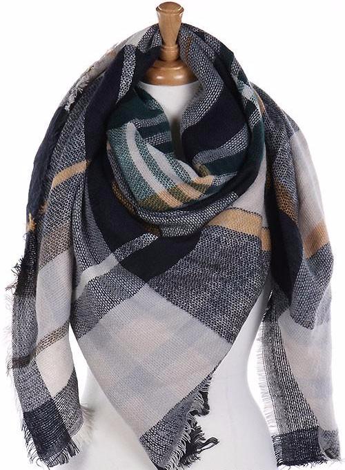 Classic Plaid Blanket Scarf Navy and Green