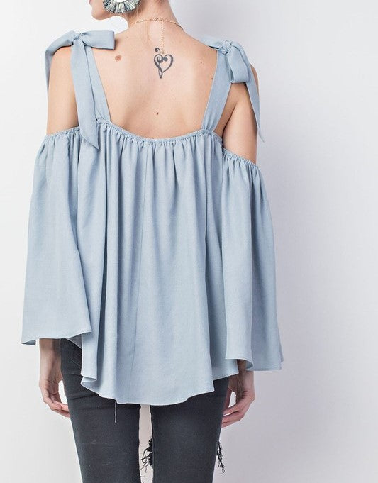 Blue Flowy Cold Shoulder Top