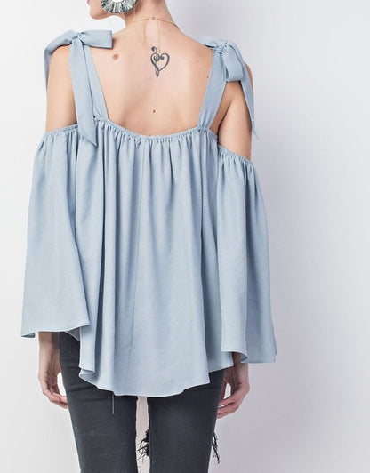 Blue Flowy Cold Shoulder Top
