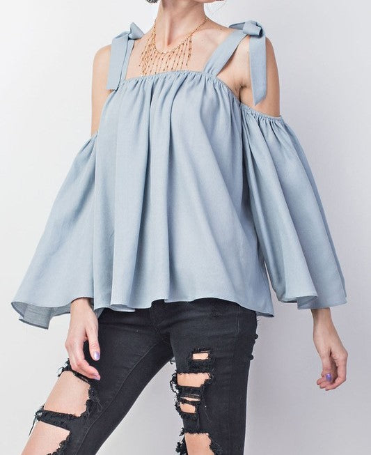 Blue Flowy Cold Shoulder Top