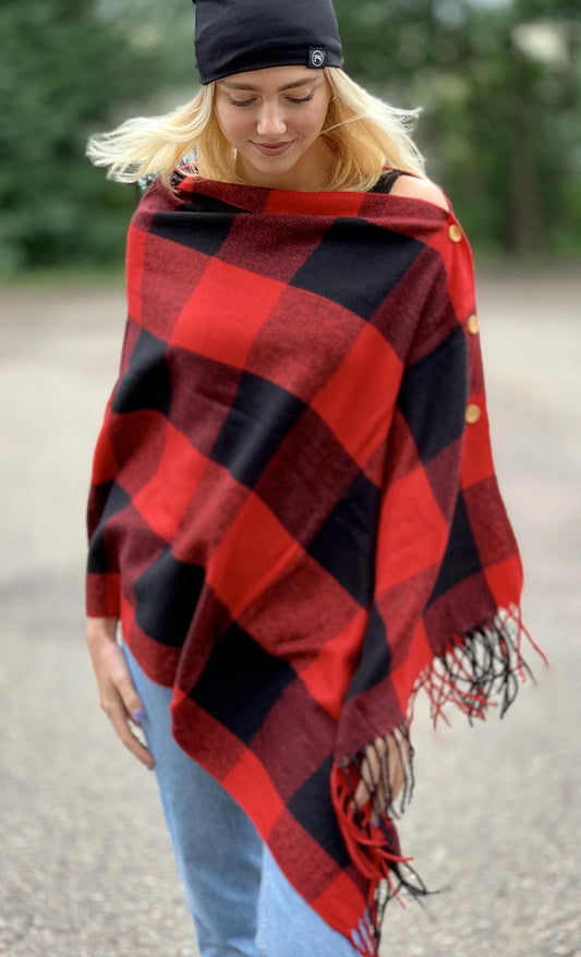 Button Shawl Scarf Buffalo Check Red