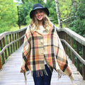 Button Plaid Shawl Scarf Poncho Camel
