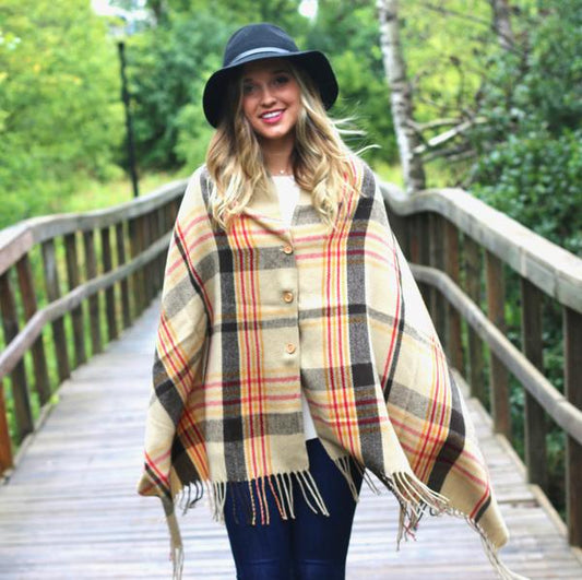 Button Plaid Shawl Scarf Poncho Camel