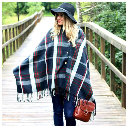 Button Plaid Shawl Scarf Navy