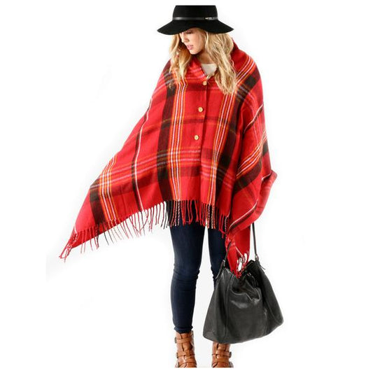 Button Plaid Shawl Scarf Red